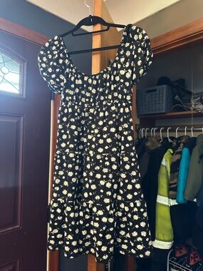 Ultra Flirt Black Mini Dress with Ivory Daisy Print